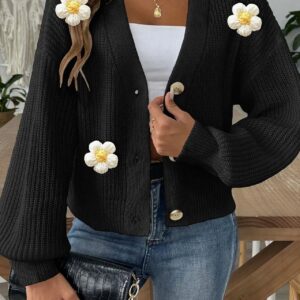 Short Floral Knit Long Sleeve Cardigan