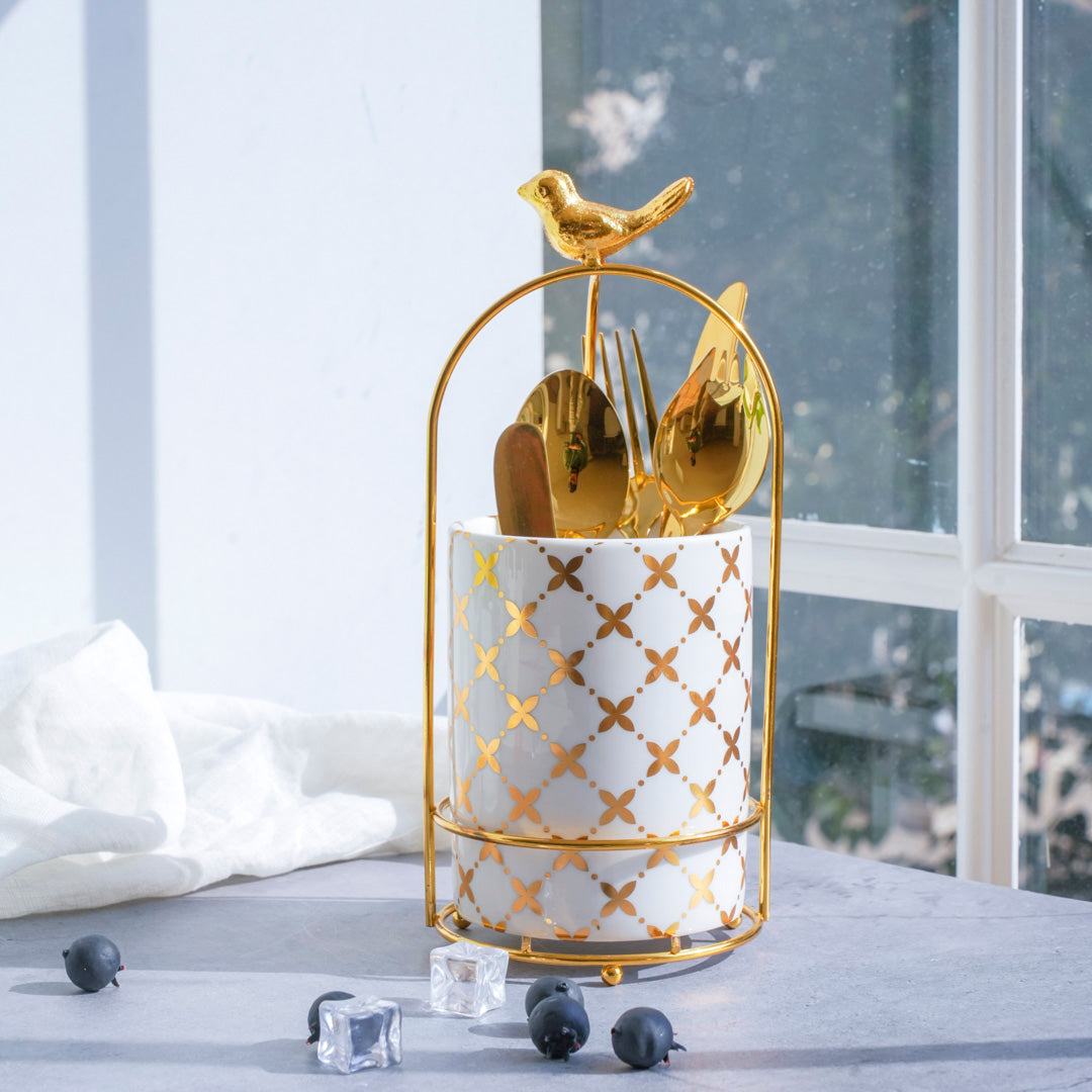 Large Cutlery Stand & Organizer – White & Gold - Image 5