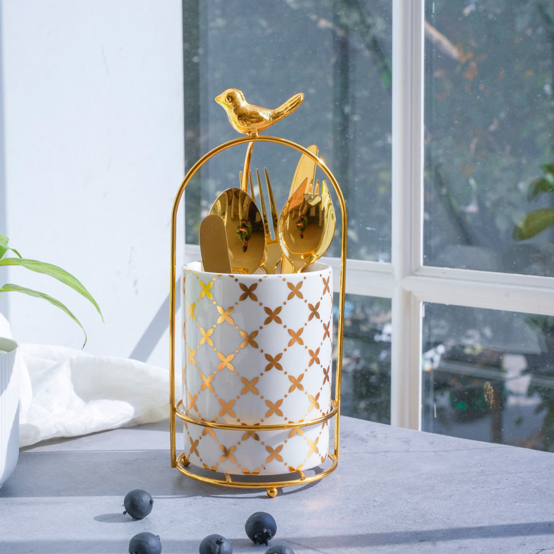 Large Cutlery Stand & Organizer – White & Gold - Image 13