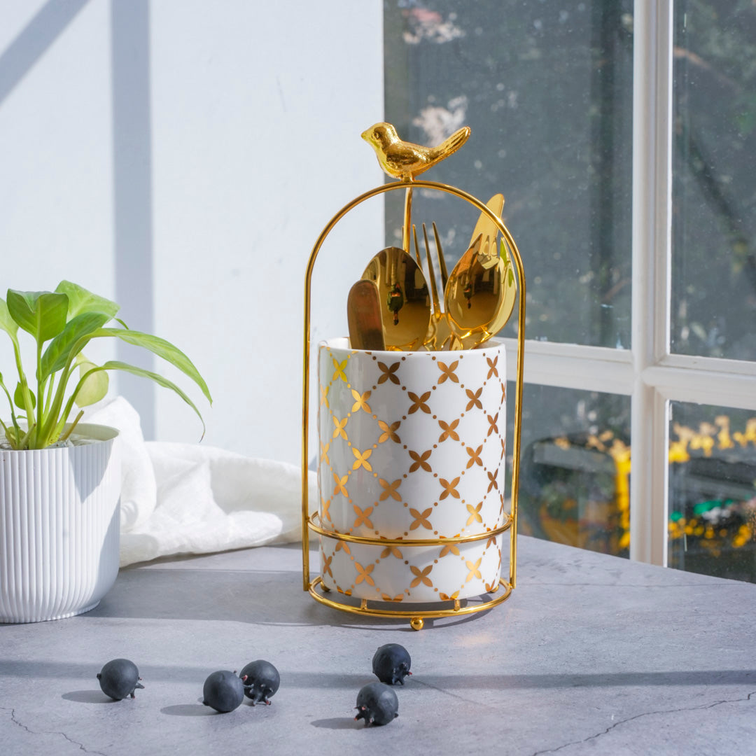 Large Cutlery Stand & Organizer – White & Gold - Image 14