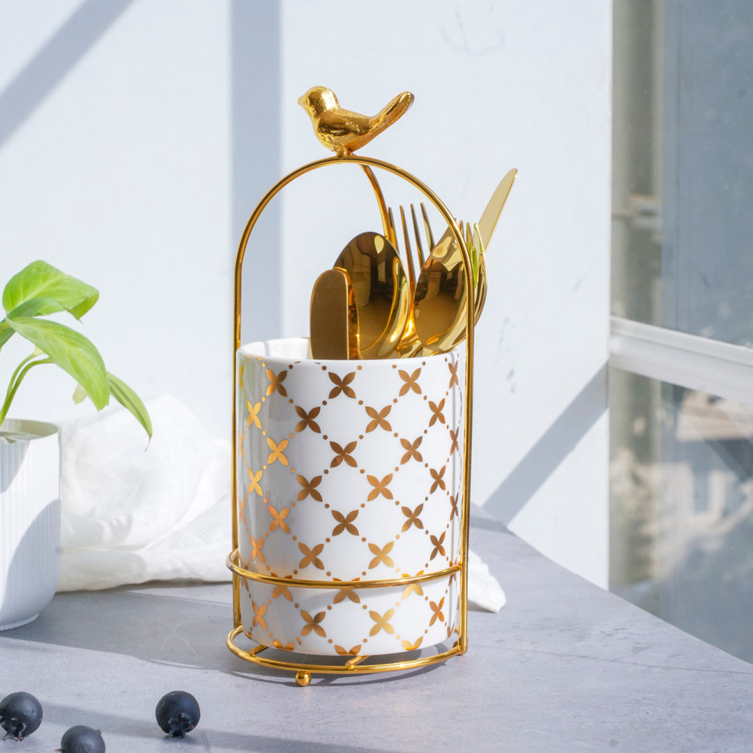 Large Cutlery Stand & Organizer – White & Gold - Image 15