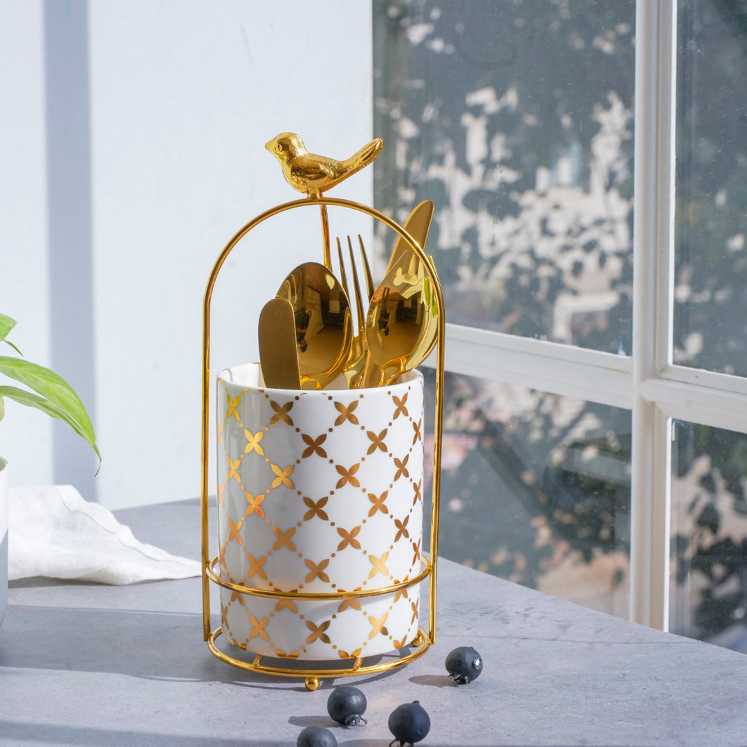 Large Cutlery Stand & Organizer – White & Gold - Image 16