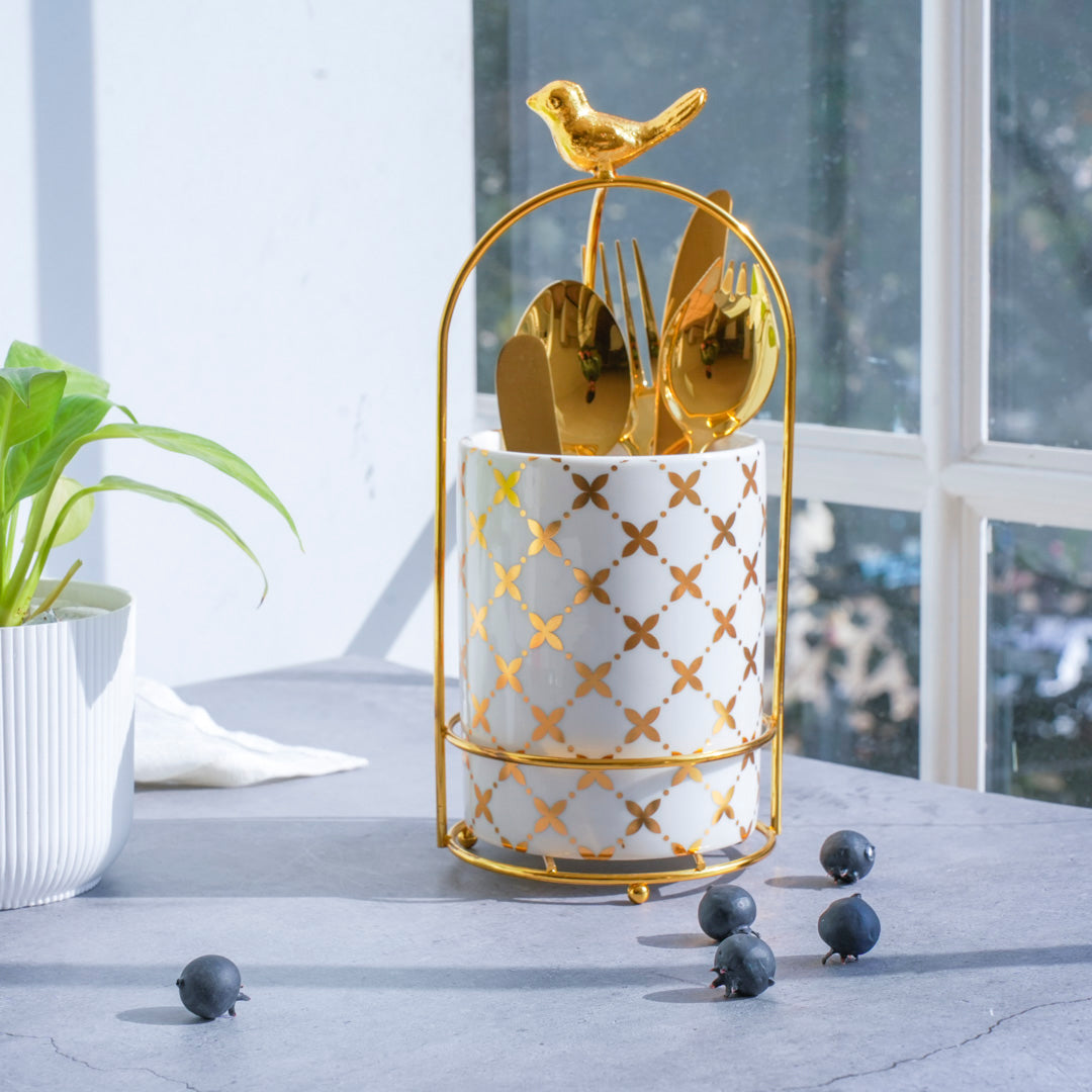 Large Cutlery Stand & Organizer – White & Gold - Image 8