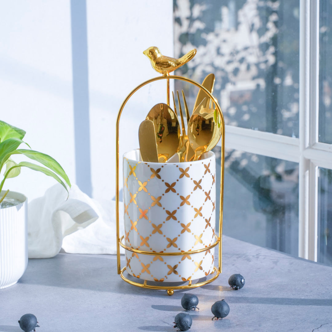 Large Cutlery Stand & Organizer – White & Gold - Image 6