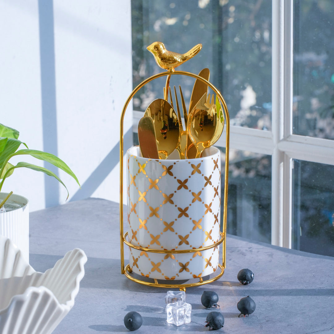 Large Cutlery Stand & Organizer – White & Gold - Image 9
