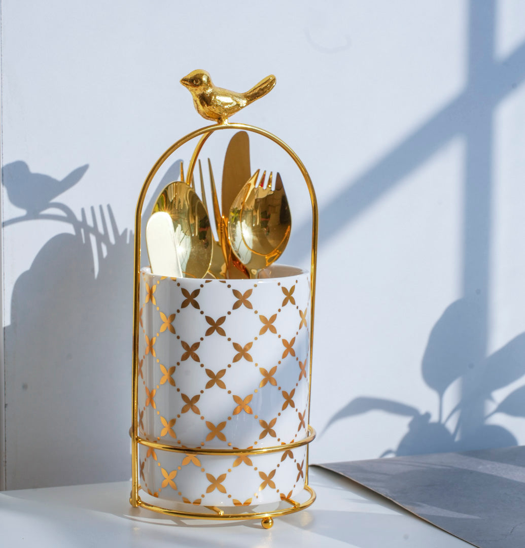 Large Cutlery Stand & Organizer – White & Gold - Image 2