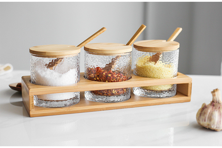 3-Piece Glass Seasoning Jar Set with Bamboo Lid & Rack